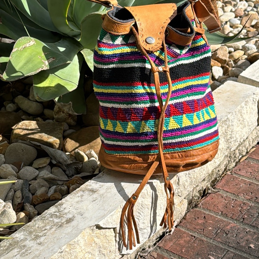 Colorful Striped Bucket Bag with Drawstring Closure